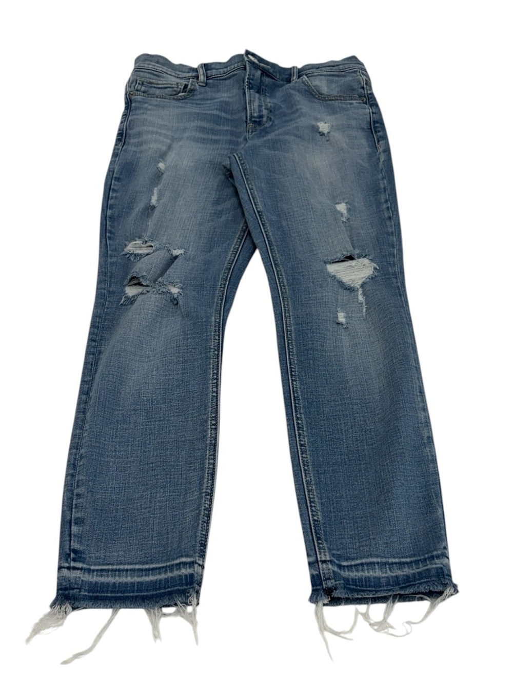 Express Women's Distressed Blue High Rise Cropped Leg Jeans